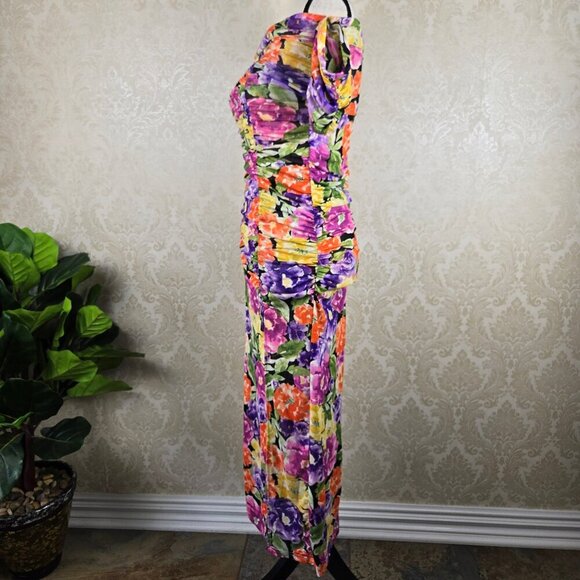 Endless Blu Luxe Size Small Ruched Floral Midi Dress Off the Shoulder Sleeve NWT - Picture 7 of 16